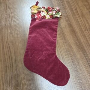 Victorian Christmas Stocking Burgundy Red Floral Cuff Velvet